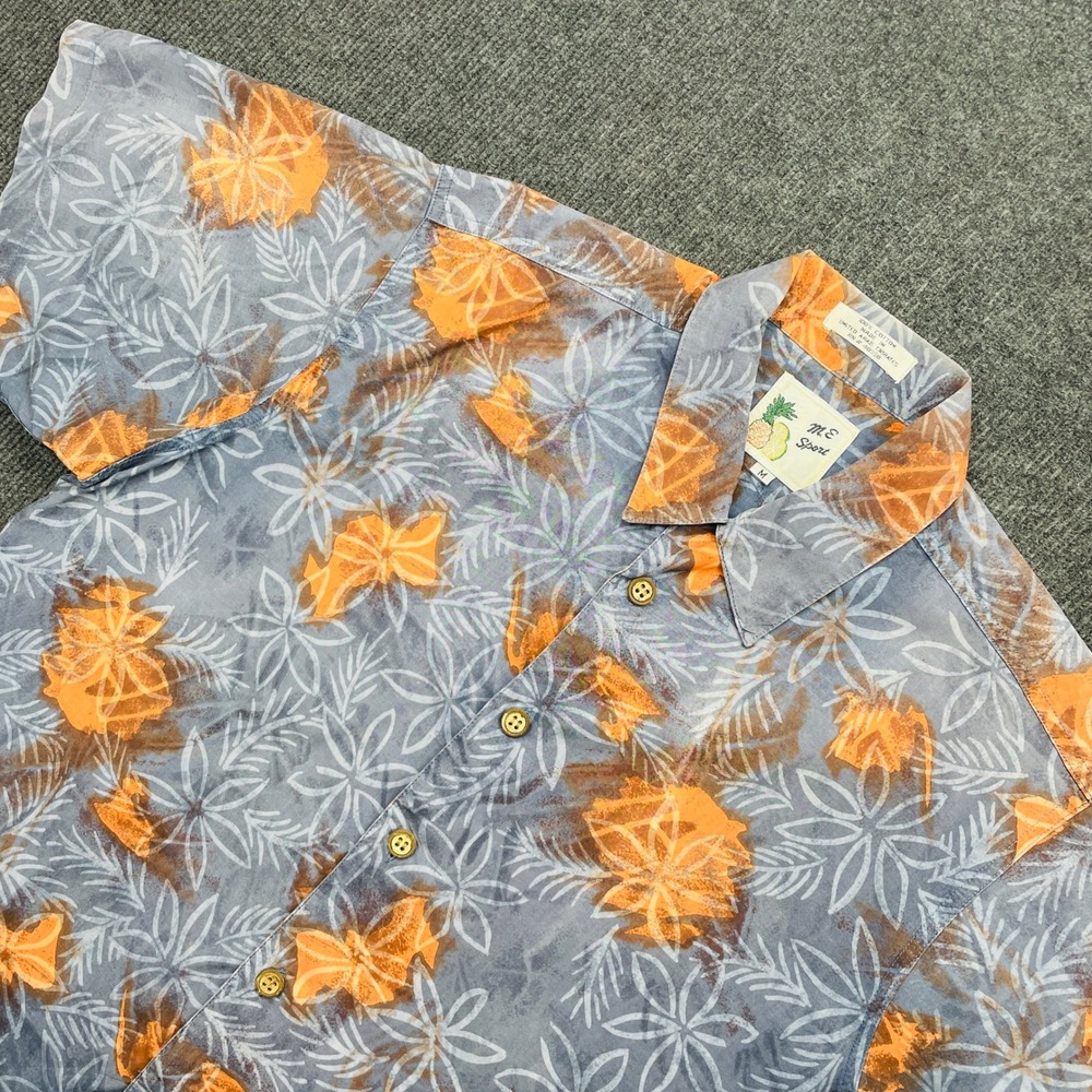 M.E. Sport Mens Hawaiian‎ Shirt Medium Blue Orange Floral Cotton Vintage 90s
